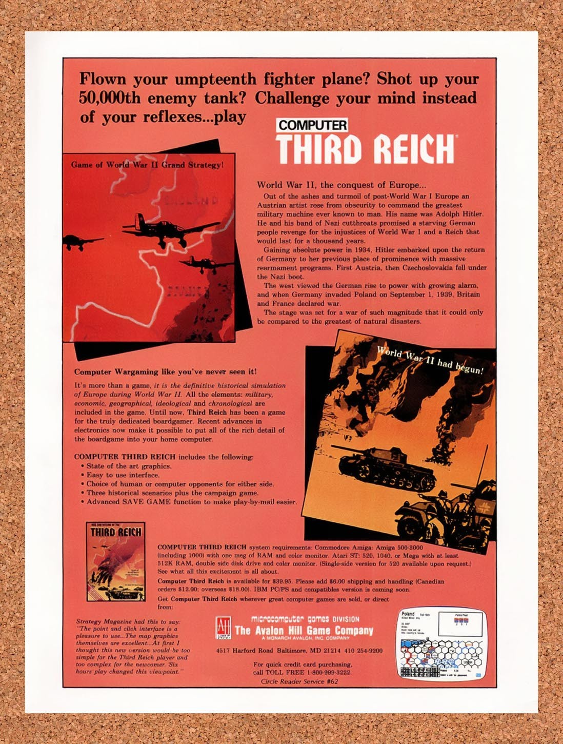 1992 Computer Third Reich Atari ST Original Advertisement / Retro Promo v1