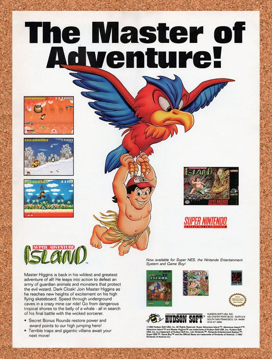 1991 Super Adventure Island SNES Original Advertisement / Retro Wall Art v1