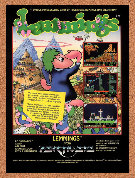 1991 Lemmings Atari ST Original Advertisement / Retro Wall Art v7