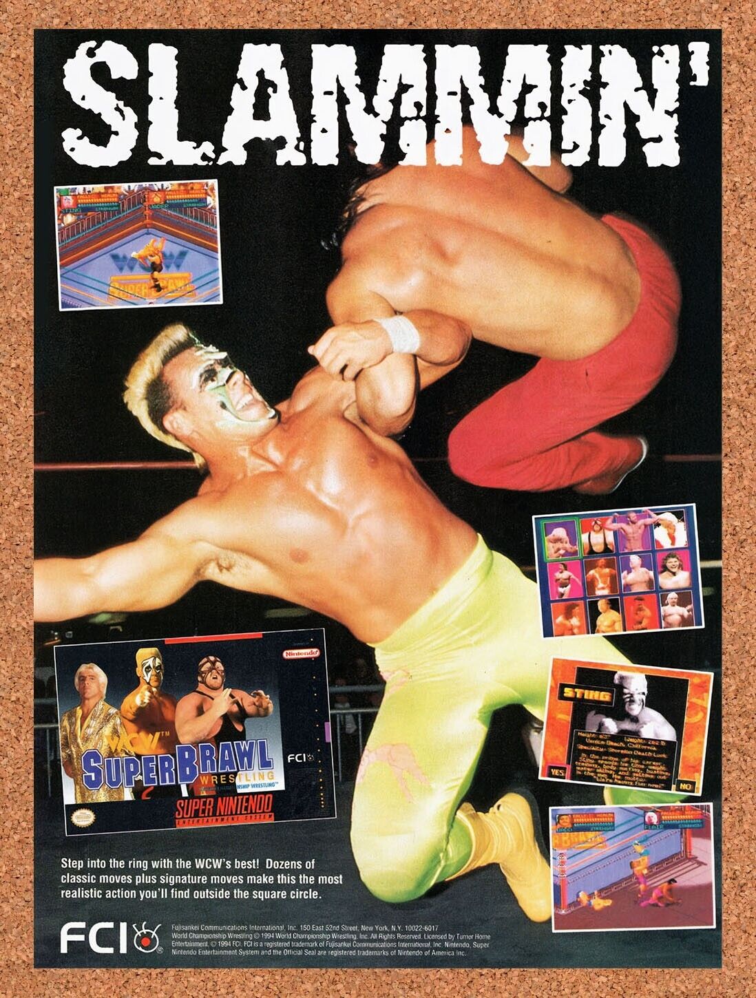 1995 Super Brawl Wrestling SNES Original Advertisement / Retro Wall Art v1