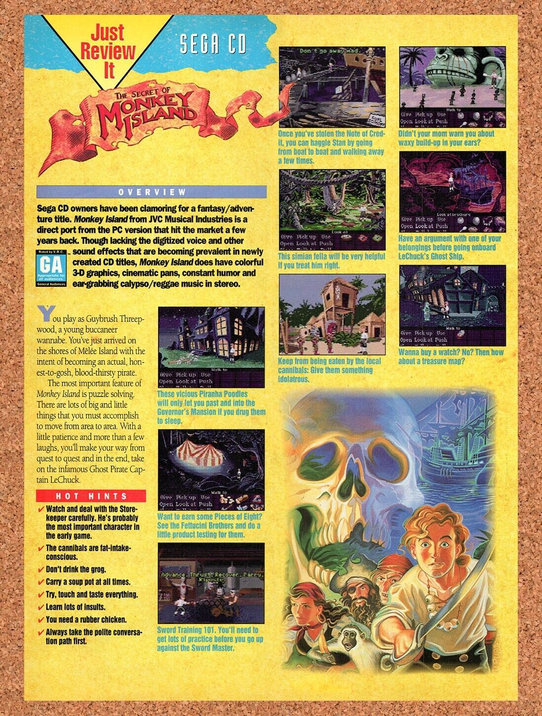 1992 Secret Of Monkey Island Sega CD Original Advertisement / Retro Wall Art v1