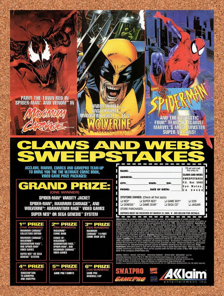 1995 Marvel Claws And Webs Sweepstakes Original Ad / Retro Wall Art v1