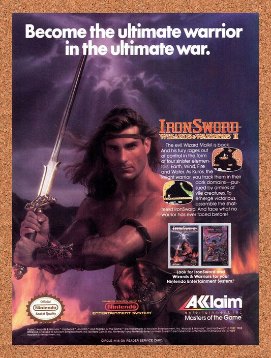 1989 Wizards & Warriors II Iron Sword NES Original Ad / Retro Wall Art v1