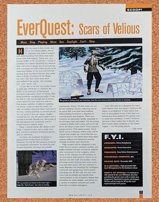 EverQuest Scars Of Velious PC Original 2001 Ad Authentic Video Game Review Promo