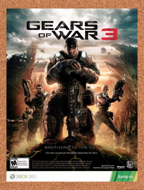 2011 Gears Of War 3 Xbox 360 Original Advertisement / Retro Wall Art v6