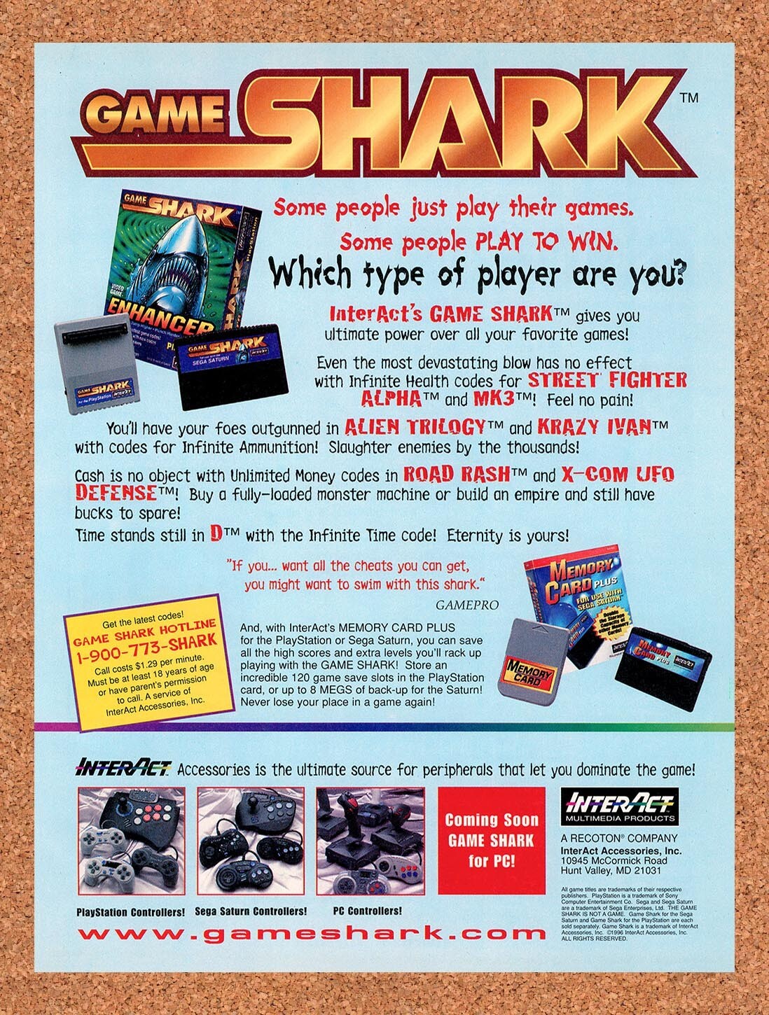 1996 GameShark Saturn Game Enhancer Original Advertisement / Retro Wall Art v11