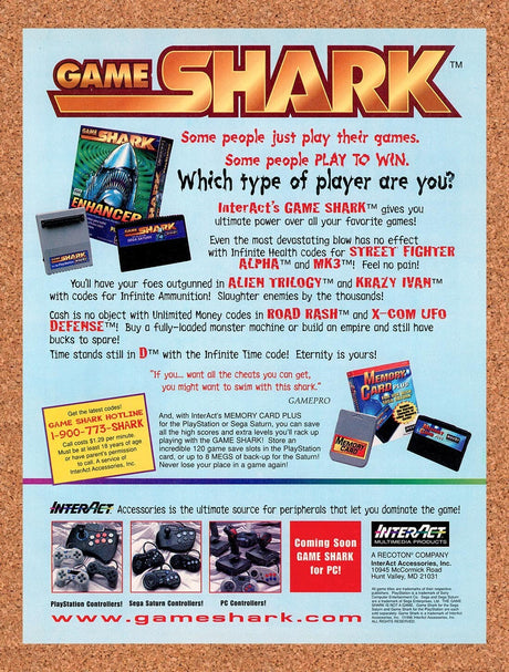 1996 GameShark Saturn Game Enhancer Original Advertisement / Retro Wall Art v11