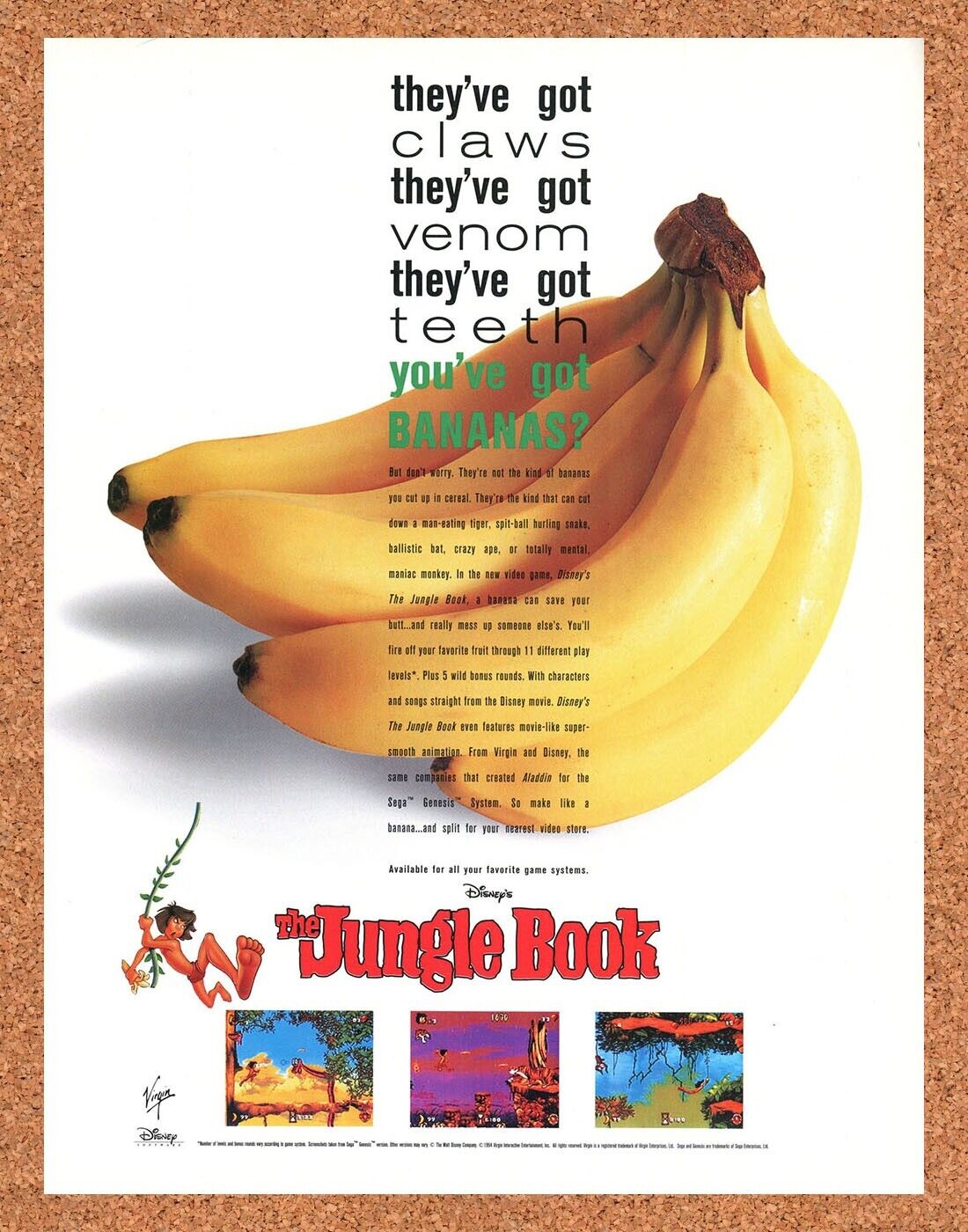 Jungle Book SNES Original 1993 Print Ad Authentic Disney Video Game Promo Art