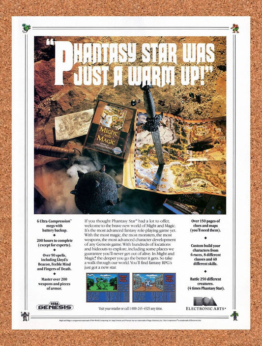 1990 Might And Magic Gates To Another World  Genesis Original Ad / Wall Art v1