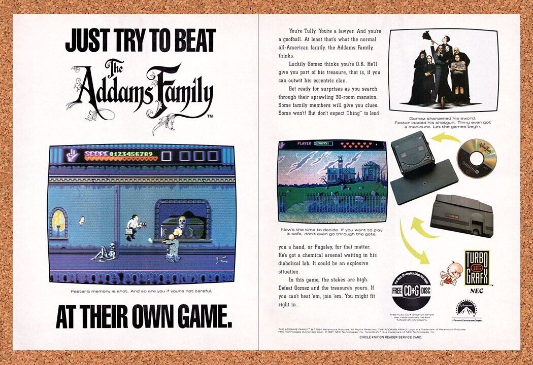 1992 Addams Family Turbo Grafx-16 Original Advertisement / Retro Wall Art v2