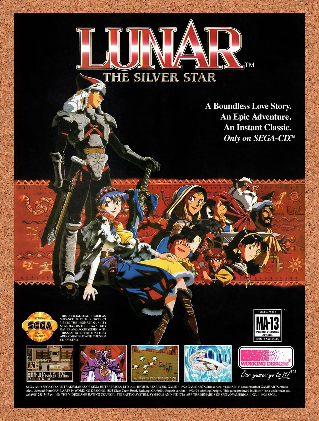 1994 Lunar Silver Star Story Sega CD Original Advertisement / Retro Wall Art v6