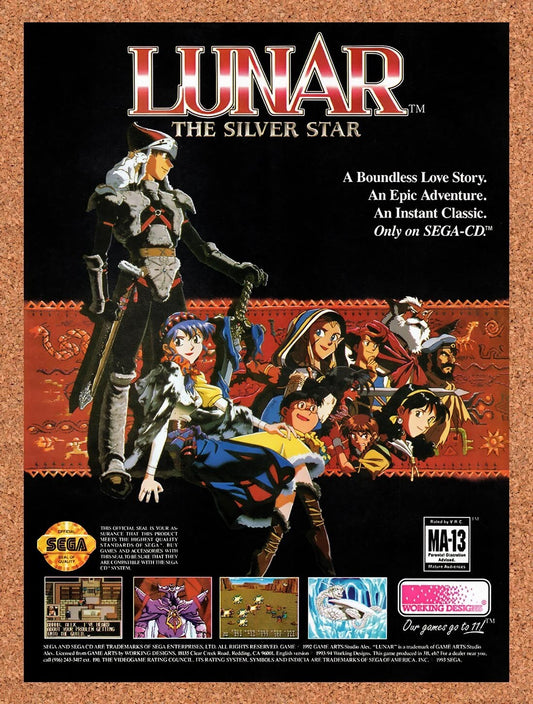 1994 Lunar Silver Star Story Sega CD Original Advertisement / Retro Wall Art v6