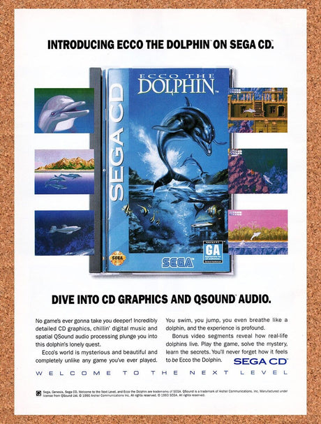 1993 Ecco The Dolphin Sega CD Original Advertisement / Retro Wall Art v3