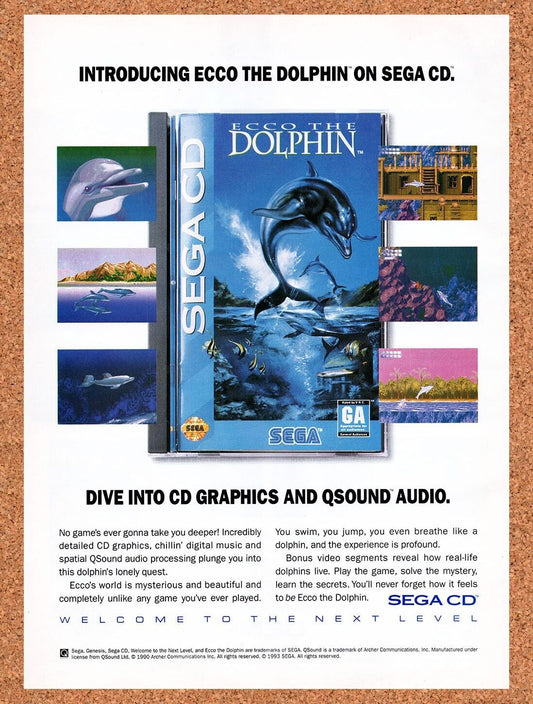 1992 Ecco The Dolphin Sega CD Original Advertisement / Retro Wall Art v3