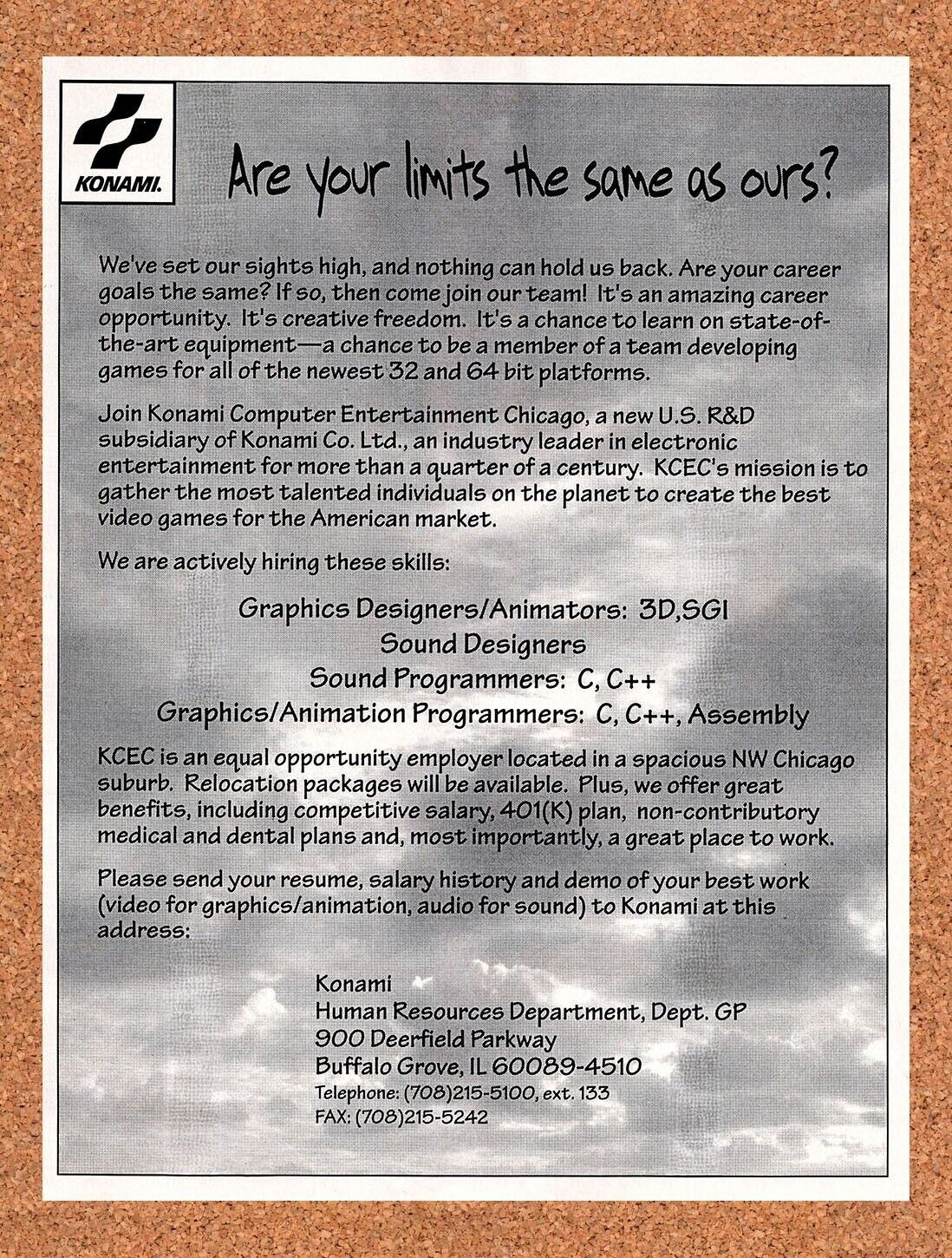 1995 Konami Job Recruitment Original Advertisement / Retro Wall Art v10
