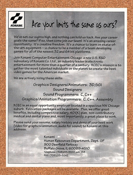 1995 Konami Job Recruitment Original Advertisement / Retro Wall Art v10