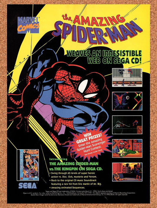 1992 Amazing Spider-Man Vs The Kingpin Sega CD Original Ad / Retro Wall Art v1