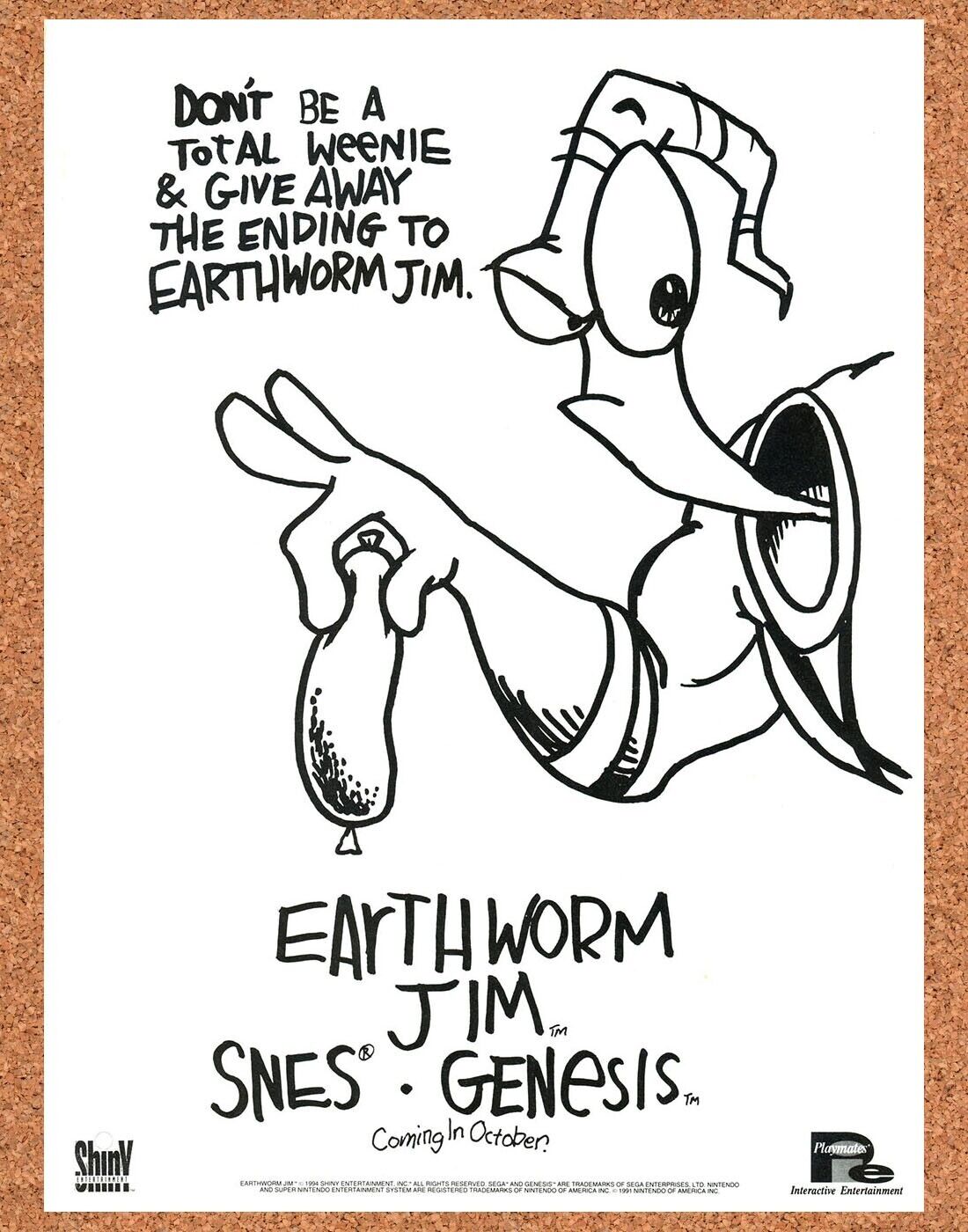 Earthworm Jim Genesis Original 1993 Print Ad Authentic Sega Video Game Art Promo