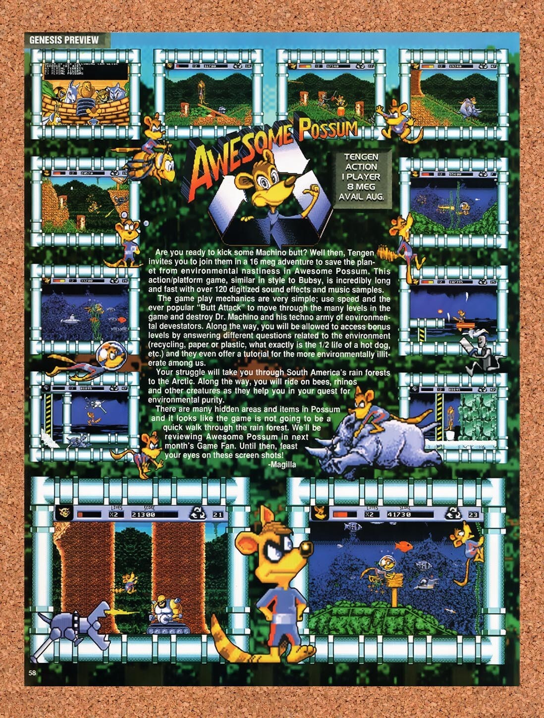 1993 Awesome Possum Genesis Original Advertisement / Retro Wall Art v2