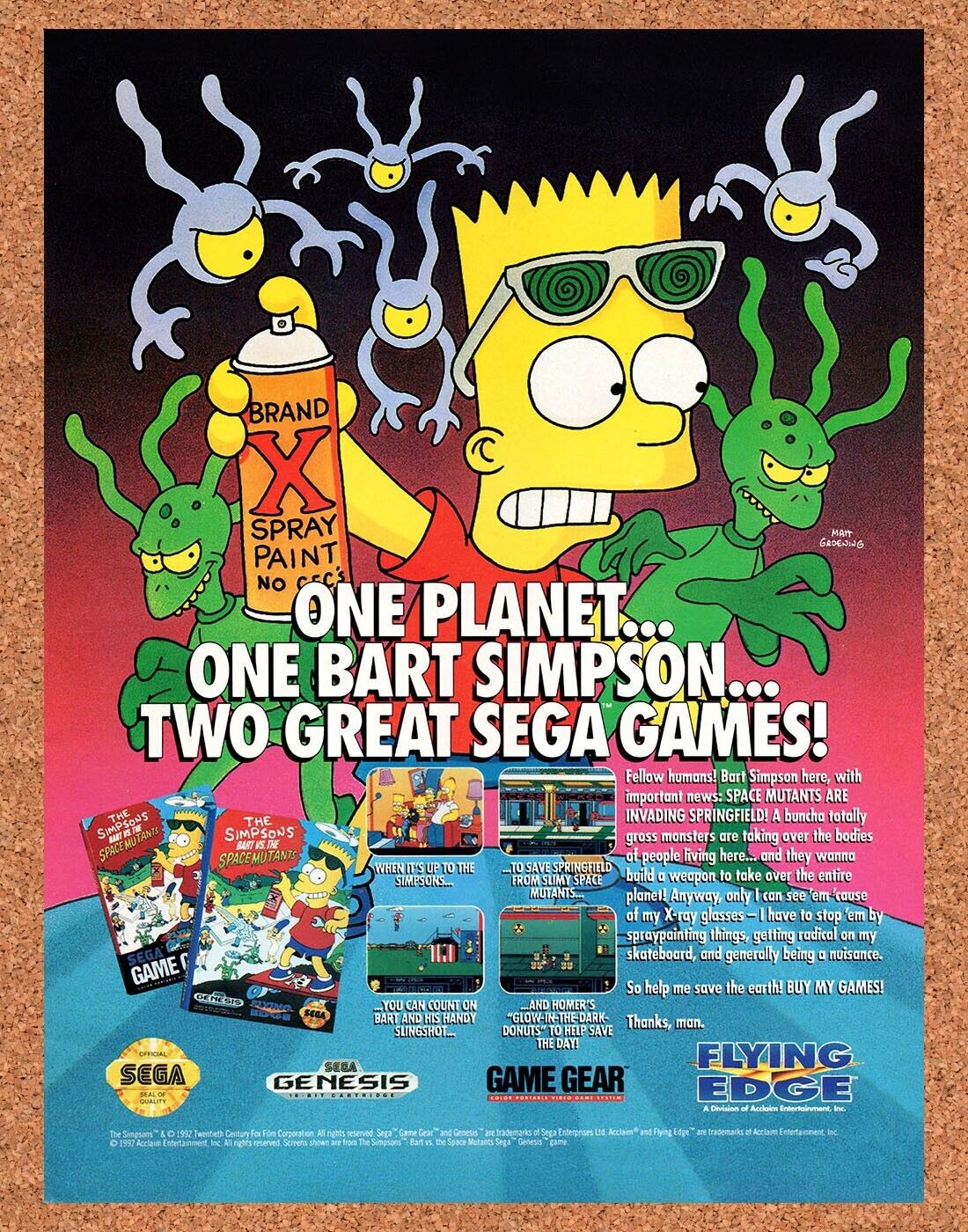 Bart vs The Space Mutants Genesis Original 1991 Vintage Ad - Video Game Promo