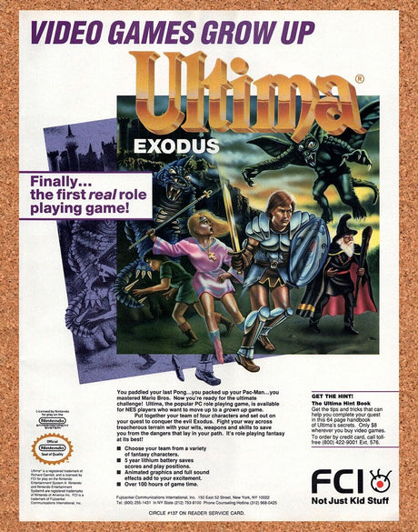 Ultima Exodus NES Original 1990 Vintage Ad - Video Game Art Promo