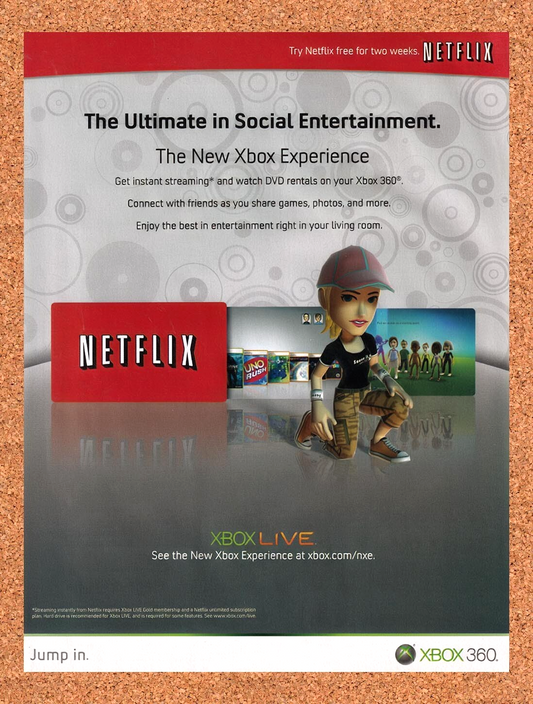 2008 Microsoft Xbox Live Netflix Streaming Original Ad / Retro Wall Art v3