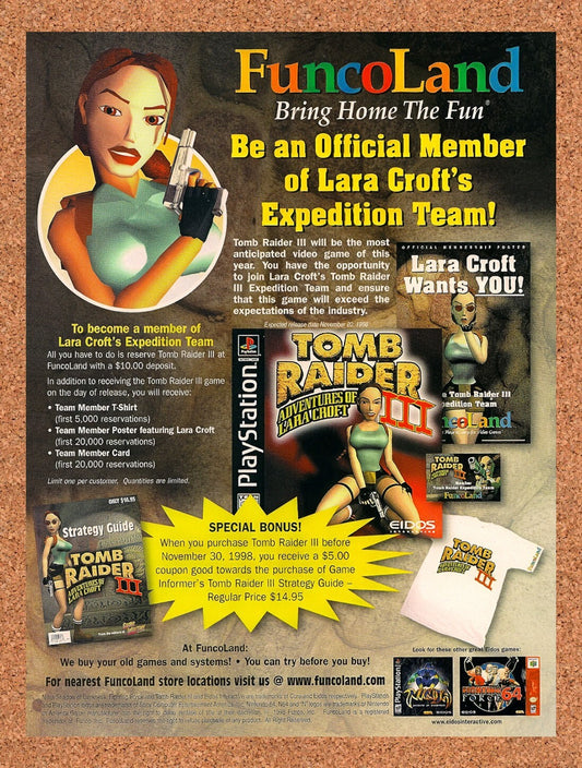 1997 Tomb Raider III FuncoLand Lara Croft Expedition Team Original Ad v9