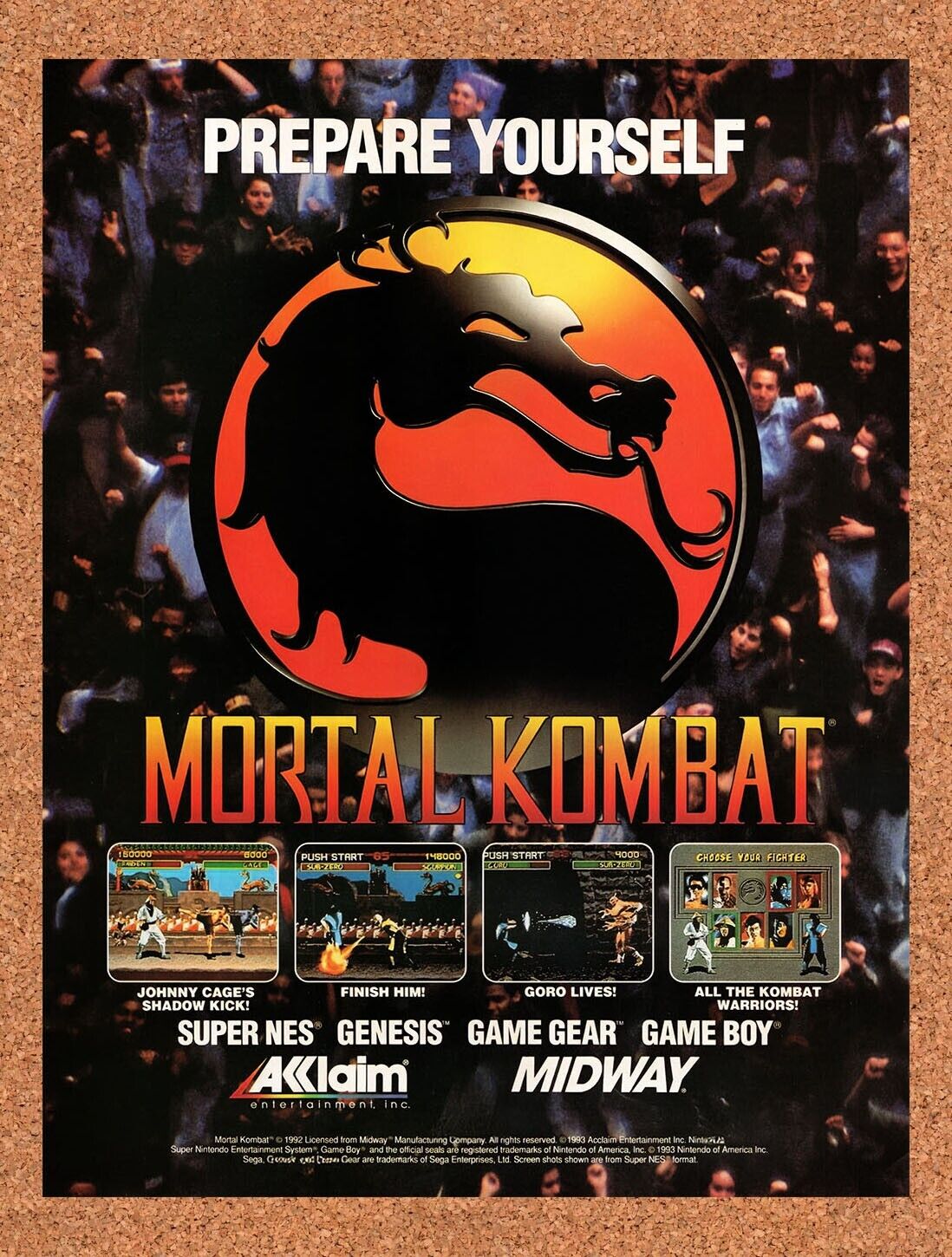 1992 Mortal Kombat SNES Original Advertisement / Retro Wall Art v19