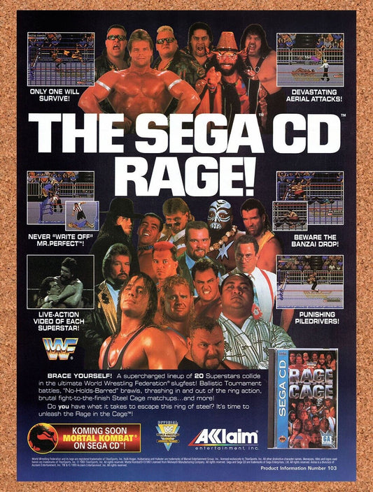 1993 Rage In The Cage Sega CD Original Advertisement / Retro Wall Art v1