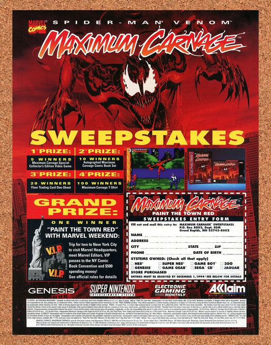 Maximum Carnage Genesis Original 1993 Ad Authentic Video Game Sweepstakes Promo