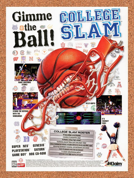 1996 College Slam SNES Original Advertisement / Retro Wall Art v1