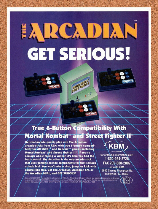 1993 The Arcadian Mortal Kombat Arcade Stick Original Ad / Retro Wall Art v1
