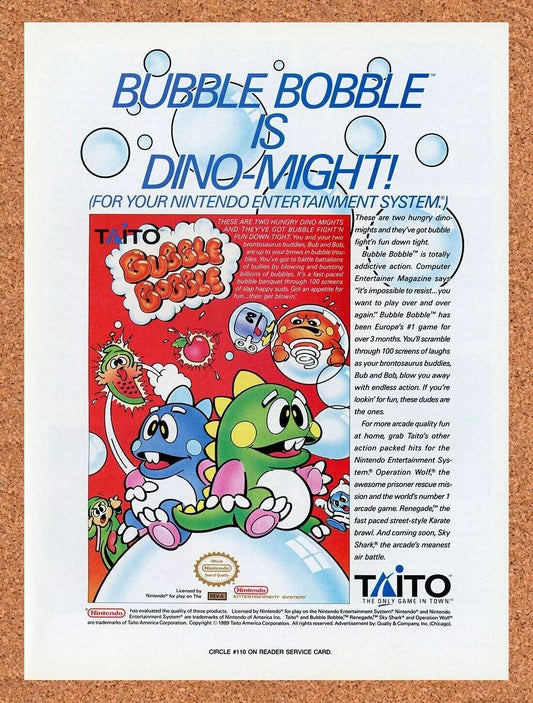 Bubble Bobble NES Original 1989 Ad Authentic Nintendo Video Game Promo