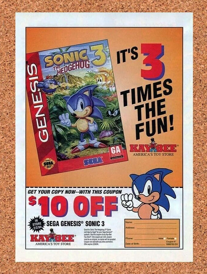 Sonic 3 Genesis Kaybee Rebate Original 1994 Ad Authentic Sega Game Promo