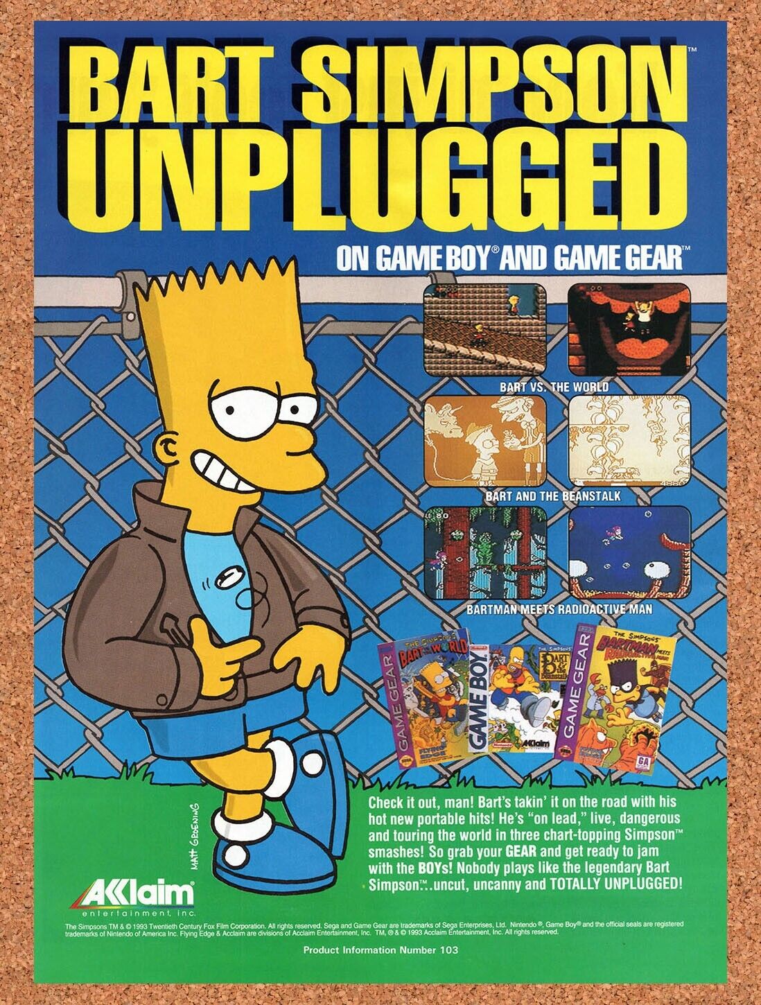 1993 Bart Vs The World Game Boy Game Gear Original Ad / Retro Wall Art v1