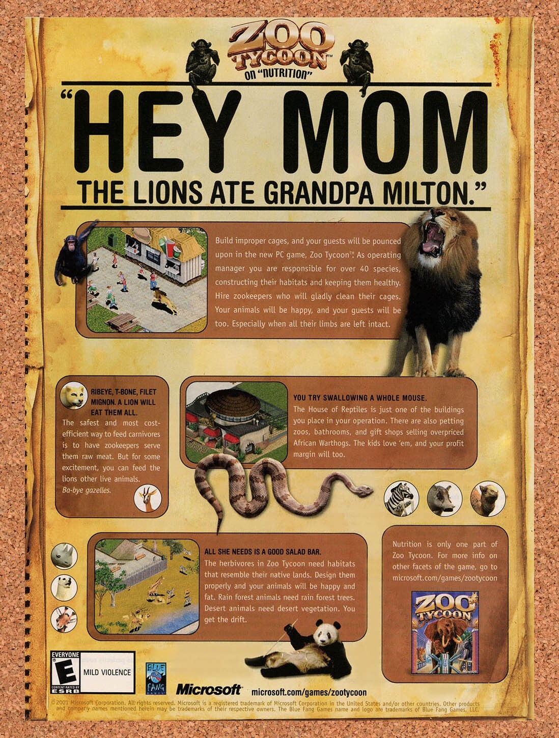 2001 Zoo Tycoon PC Original Advertisement / Retro Wall Art v1
