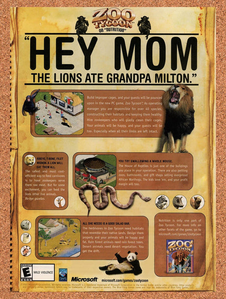 2001 Zoo Tycoon PC Original Advertisement / Retro Wall Art v1