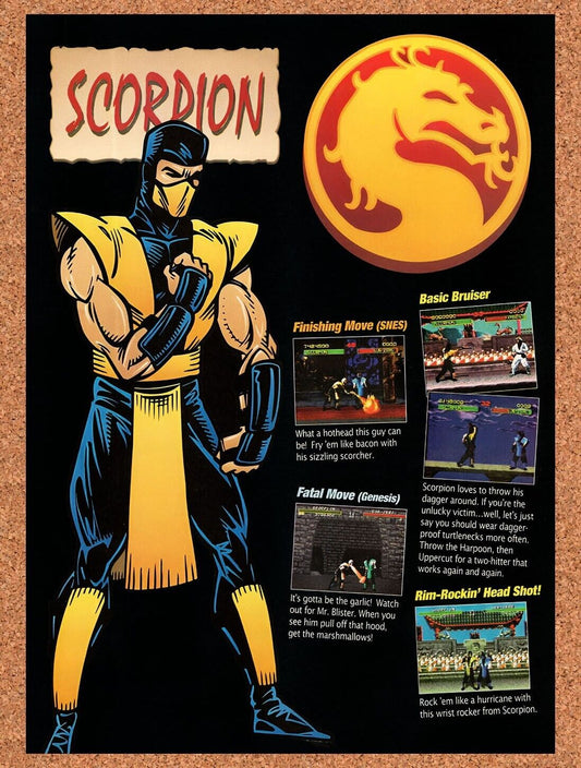 1992 Mortal Kombat Scorpion Profile Original Advertisement / Retro Wall Art v24