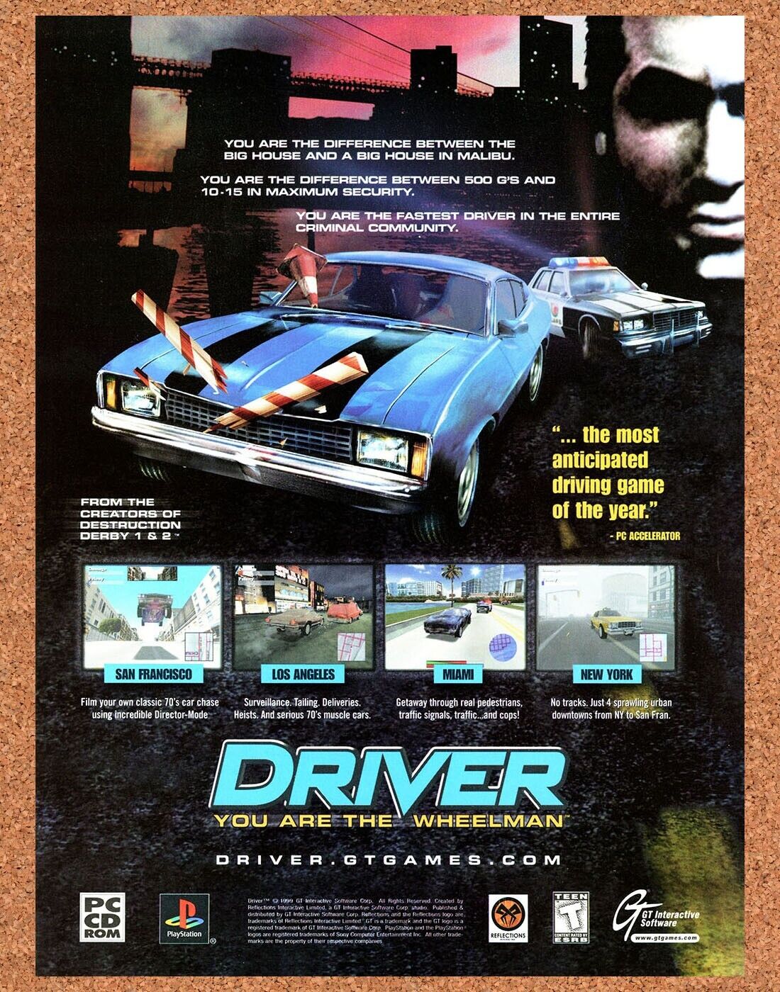 Driver You Are The Wheelman PC Original 1998 Ad Authentic Video Game Promo