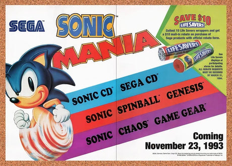 1993 Sonic Lifesavers Sonic Mania Original Advertisement / Retro Promo v1